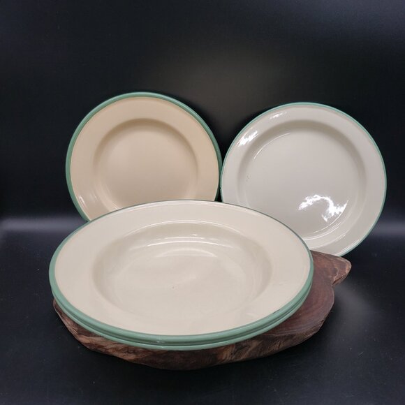Vintage Kockums Sweden Enamelware Set 3 Bowls & 3 Plates Green Rim Scandinavian - Picture 1 of 15